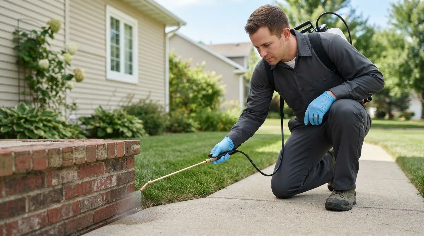 Pest control technician treating a home near West Rutland, VT